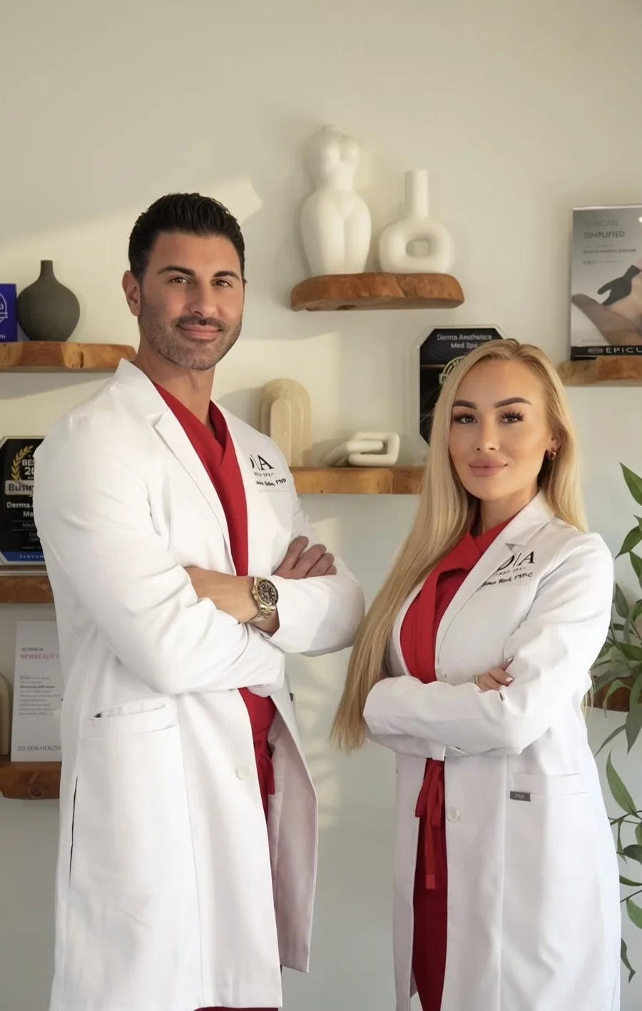 Antoine Saba, FNP-BC and Jamie Black, FNP-C in white coats at Derma Aesthetica Med Spa
